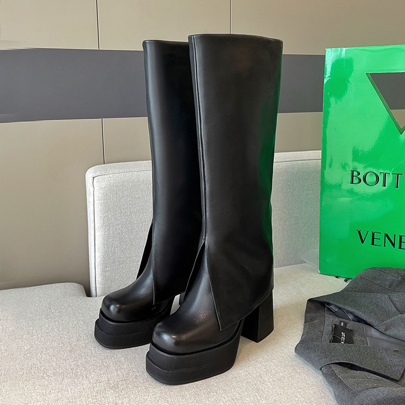 One-step fried street autumn and winter new high-tube full leather high-heeled fashion boots fashion but knee-length boots Martin boots women - Taobao