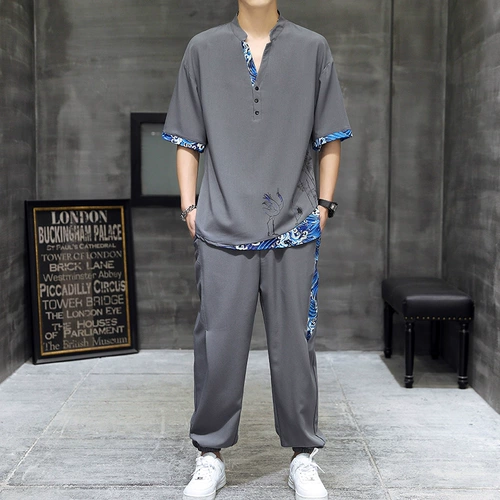 Летняя шелковая футболка, летняя одежда для отдыха, комплект, ханьфу, китайский стиль, свободный крой