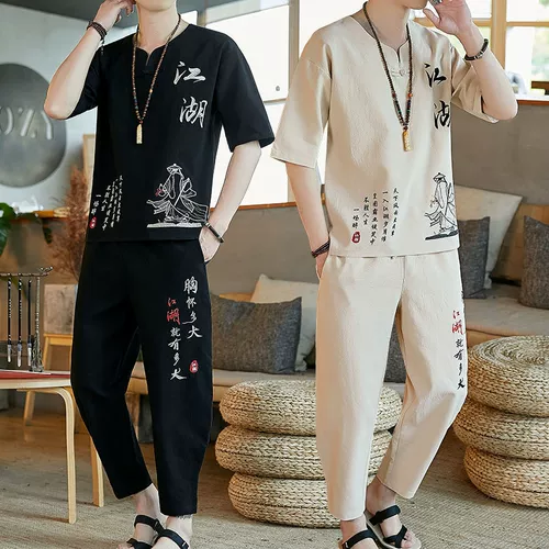 Мужской летний комплект для отдыха, китайский стиль, большой размер, из хлопка и льна, с вышивкой, короткий рукав