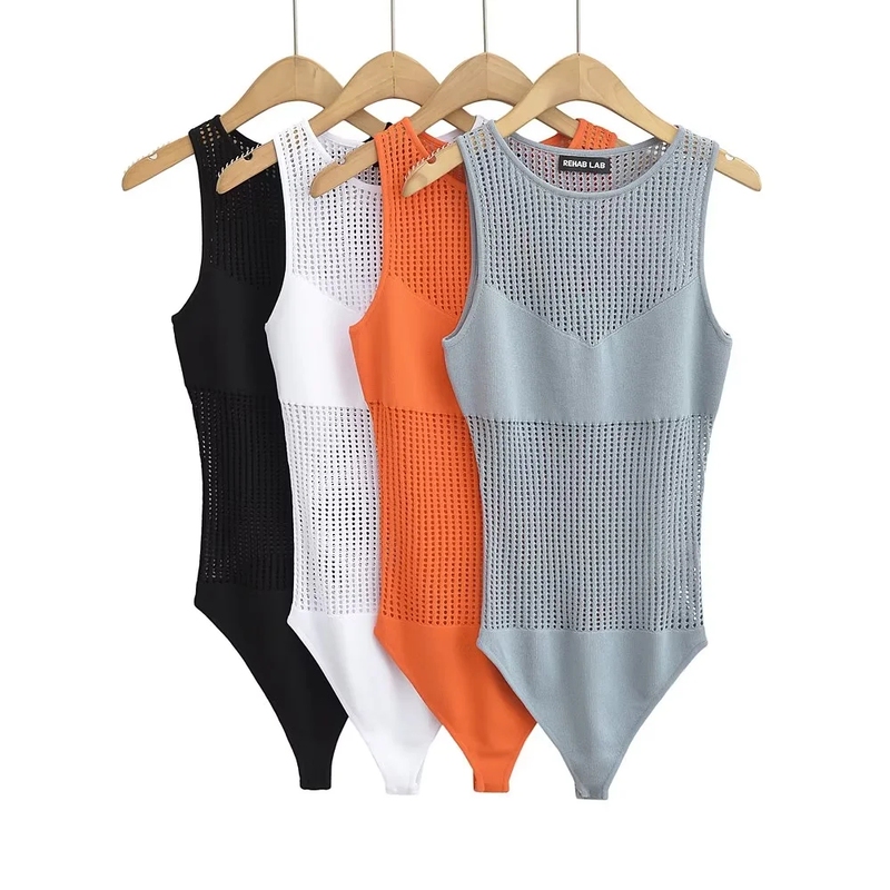 Trendy European and American Style Camisole Bodysuit for Women, Hollow-Out See-Through Sleeveless Slim-Fit Top