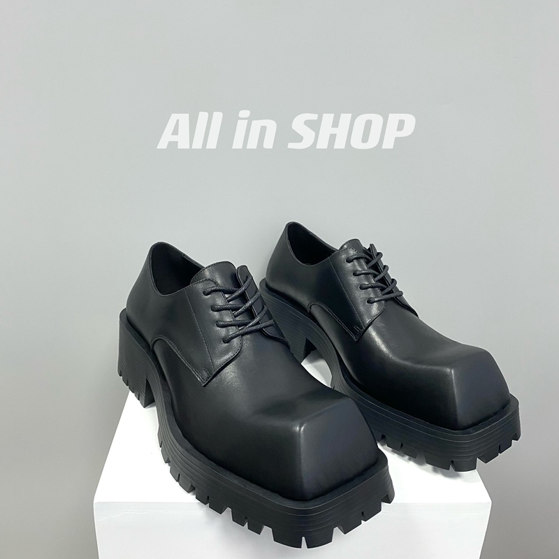 High-End Square-Toe Derby Leather Shoes, Lace-Up Thick-Soled Shoes, Business Casual Shoes, Black Show-Stopping Style, Raised Toe Height-Increasing Derby Shoes