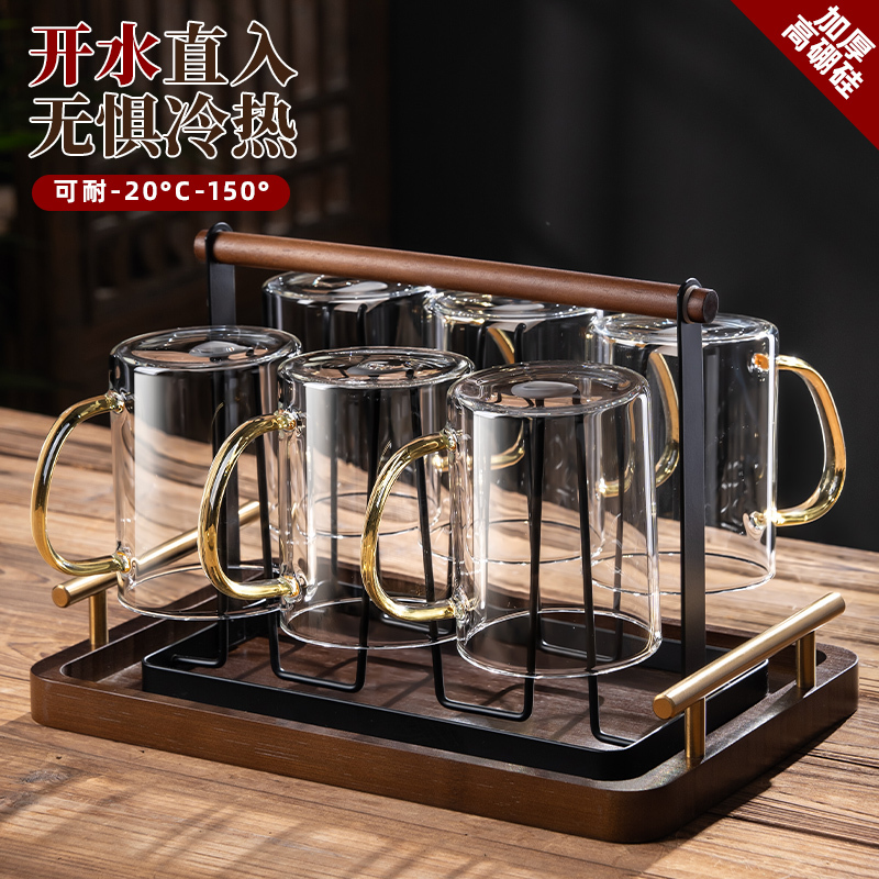 High-Temperature Resistant Glass Water Cup Set for Home Use in the Living Room, High-Quality Walnut Handle Tea Cups, Family Drinking Cups, 6 Pieces High-Temperature Resistant Glass Water Cup Set for Home Use in the Living Room, High-Quality Walnut Handle Tea Cups, Family Drinking Cups, 6 Pieces