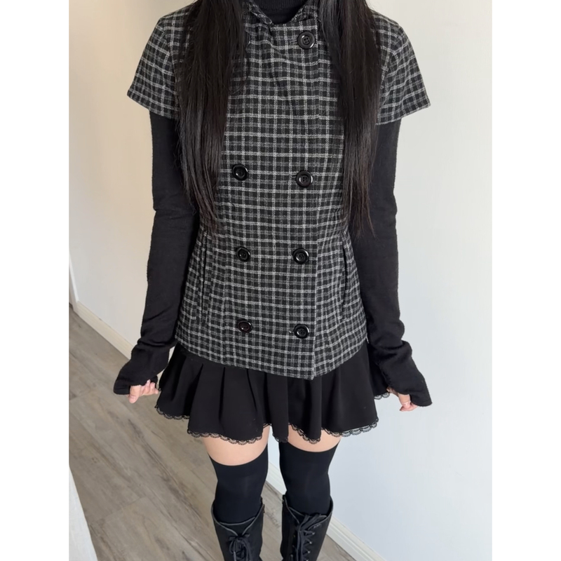 Lace Gray | Plaid Woolen Short-Sleeved Double-Breasted Jacket Layered with a Waist-Cinching Loose-Fitting Autumn and Winter Top Lace Gray | Plaid Woolen Short-Sleeved Double-Breasted Jacket Layered with a Waist-Cinching Loose-Fitting Autumn and Winter Top