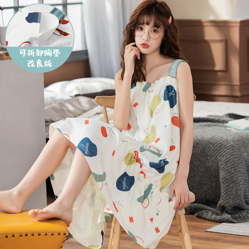 With chest pad night dress female summer suspender small sexy cute student pajamas Cotton girl long version over-the-knee home clothes