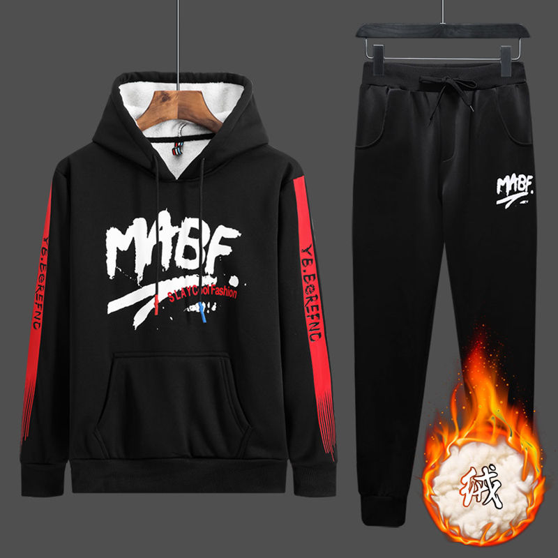 2019秋冬季运动套装男休闲运动服装青年连帽卫衣套装加绒加厚潮牌