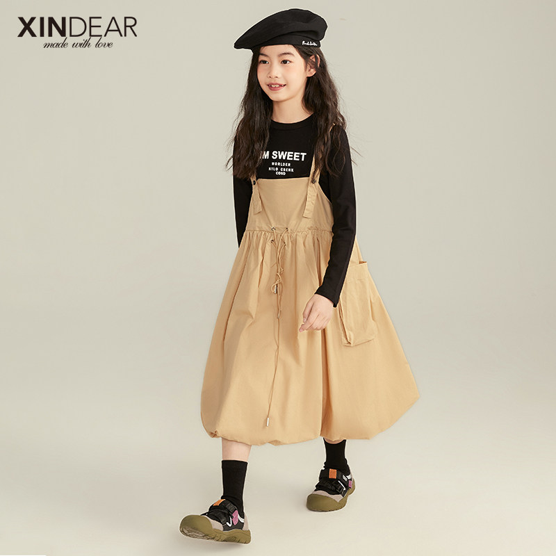 Girl Pure Cotton Cuddling Bag Foreign Dress Spring New 2022 Children Spring Autumn Han Edition Military Large Bag Lantern Dress