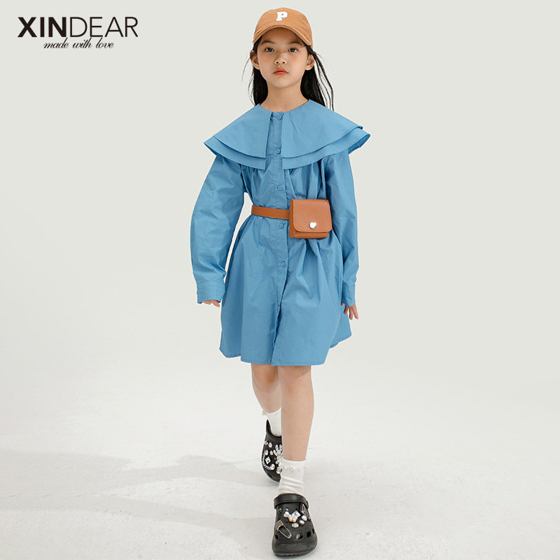 Girl's spring and autumn Korean version lotus leaf collar pure color cotton cloth A character dress Long sleeves 2022 Spring CUHK Scout women's dress