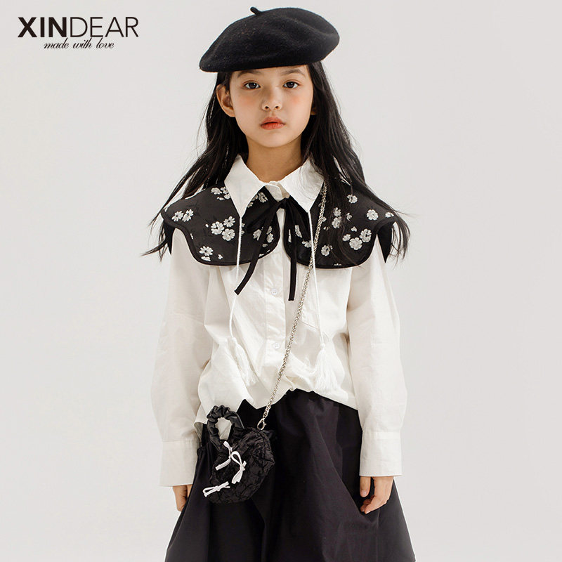 Girl Spring Autumn Country Wind Cape Shirt Pure color white long sleeve blouse Children's day Faculty Wind Turned Collar Shirt