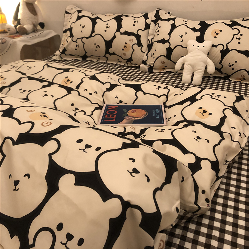 Cute Korean cartoon Little Bear head ins washed cotton four pieces of covered bed sheet Quilt Cover Dorm Bed bedding 1 51 8m
