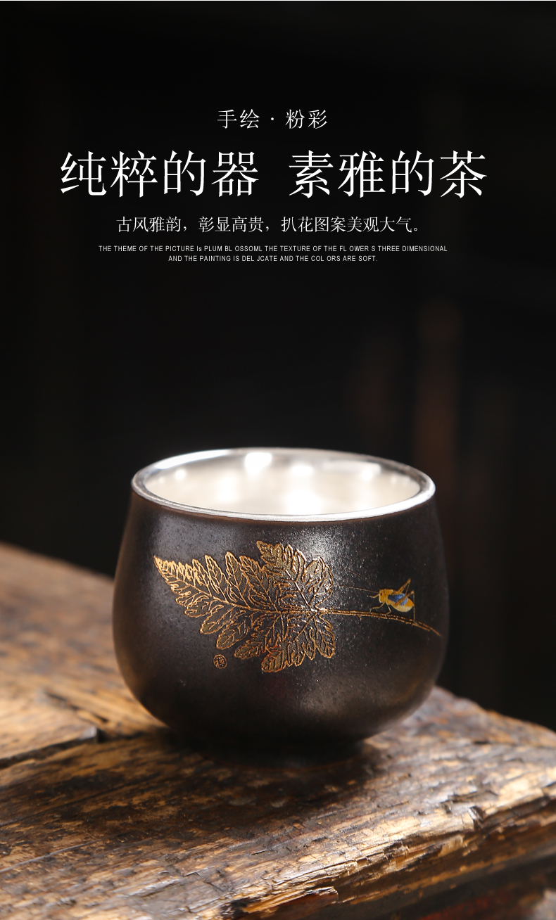 Silver cup 999 sterling Silver cup pure manual kung fu tea set ceramic coppering. As Silver sample tea cup master cup home