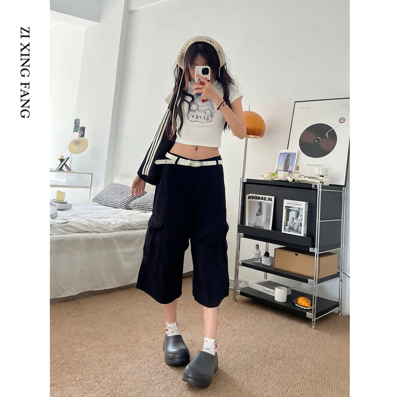 Black Wide-Leg Cropped Cargo Pants for Women, Loose Fit, Multi-Pocket, Summer 2026, Versatile A-Line Straight-Leg Casual Pants