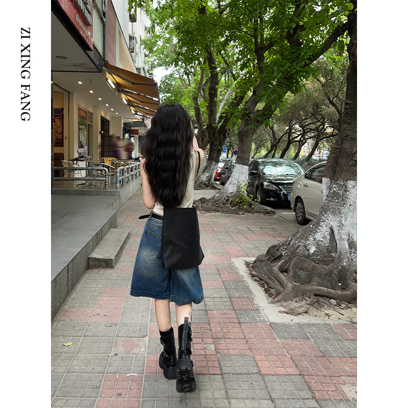 Blue Denim Shorts for Women, Summer Thin Style, 2026 New Model, Loose Wide-Leg, Low-Waist, Slimming Straight Mid-Length Pants