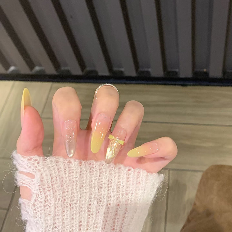 [Lemon Girl] Summer Fresh Lemon Yellow Atmosphere Whitening Bow Manicure Pure Handmade Wearable Manicure