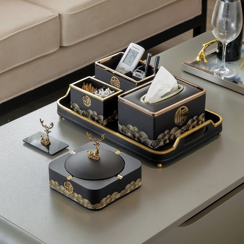 New Chinese Living Room Tea Table Hem Light Lavish Ashtrays Tissue Box Cotton Stick box to contain upscale table 1113m