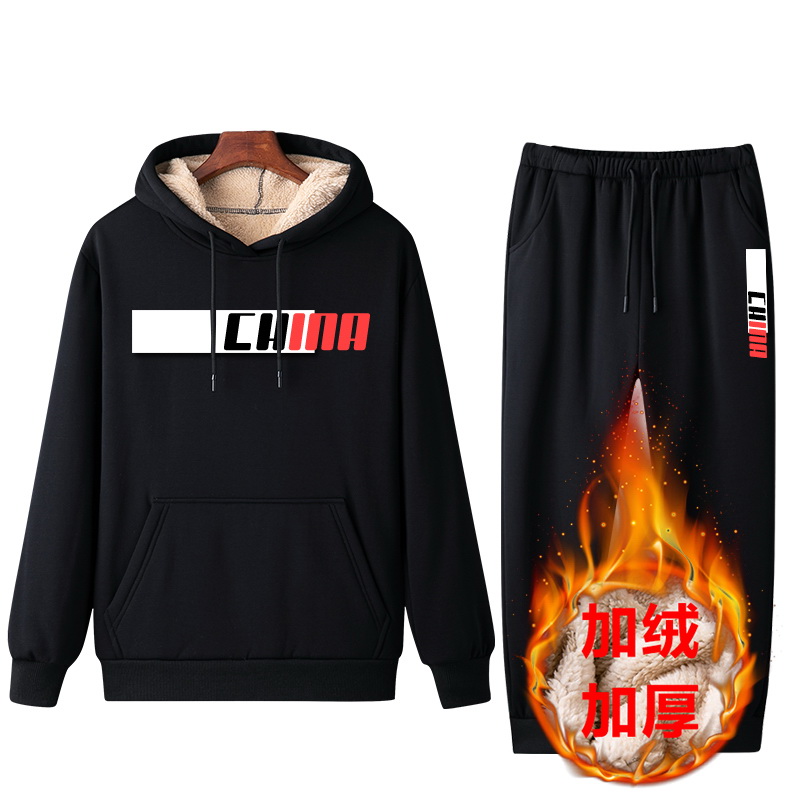rkoN2019运动服男青年休闲冬新款加绒卫衣男连帽套装全身加绒套装
