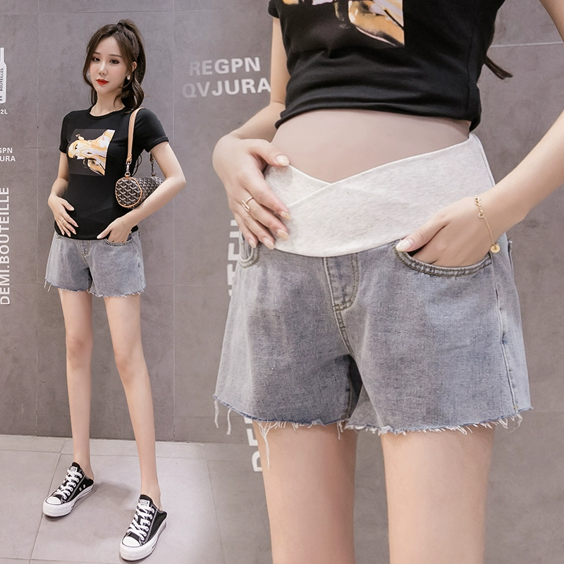 Nhật Bản thủy triều chào mẹ bầu ~ quần đùi phụ nữ mang thai quần short denim thấp quần phụ nữ mang thai quần mỏng mùa hè quần áo bà bầu mùa hè - Phụ nữ mang thai quần / quần bụng