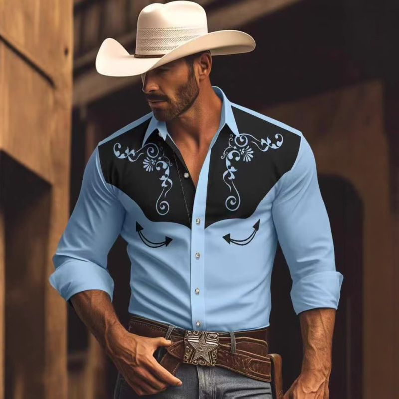 Cross-Border Western Party Four-Way Stretch Denim Men's Shirt Spring and Autumn Aztec Print Men's Long Sleeve Shirt