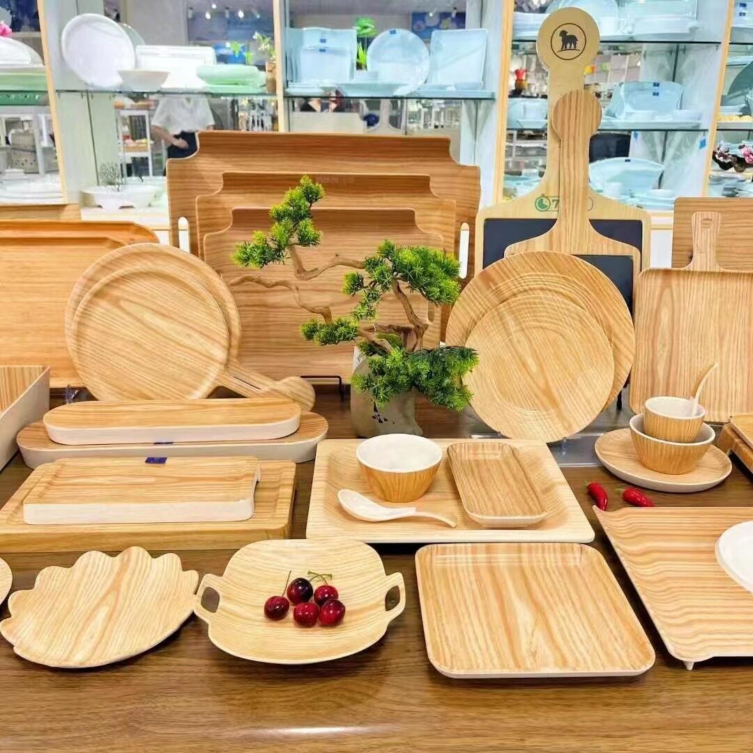 快餐店木纹自助选餐盘餐厅食堂仿木质上菜托盘长方形火锅牛肉盘子详情3