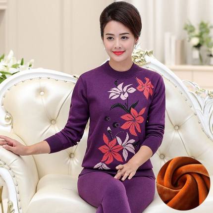 Ấm đồ lót bộ phụ nữ 100cotton mùa xuân và mùa thu quần dày trung niên mẹ bông áo len.