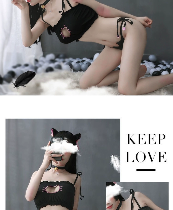 Dễ Thương Jingle Mèo Đen Bộ Đồ Lót Gợi Cảm Mèo Con Thỏ Bé Gái Rỗng Cosplay Vui Vẻ Cặp Đôi Cám Dỗ cosplay mèo năm Cosplay mèo đen ren xuyên thấu sexy dễ thương