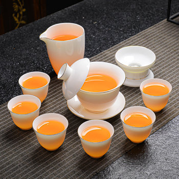Hovering Jade Tea Set Ceramic Filter Bowl Tea Cup Teapot Gift Box White Porcelain Household Gold Edge Logo Dehua Porcelain