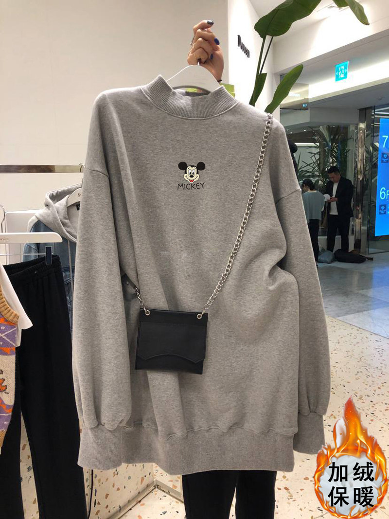 2021 maternity wear autumn and winter pure cotton half turtleneck sweater mid-length Korean version loose large size top plus velvet thick tide