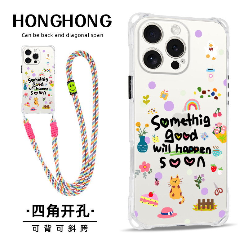 Suitable for iPhone 14 Pro Max Huawei Mate60 Phone Case with Hand Strap, P70 Ultra Wrist Strap Lanyard, Apple 16 Plus Crossbody Strap, 12 Strap, 15 Trendy, ins Transparent, 13 Anti-Drop, 50/40 — تصویر 1