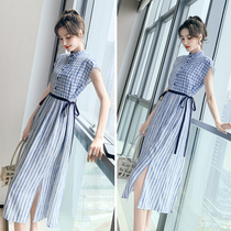  Summer blue thin dress female summer 2021 new summer striped waist long skirt lace-up shirt skirt
