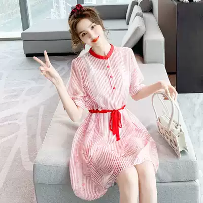 Red shirt style dress 2020 new summer stripes lace up waist thin age age goddess female skirt