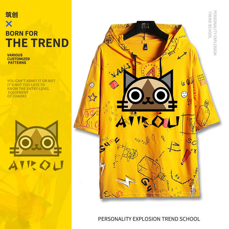 Monster hunter chef Ello cat hands game around men and women trend graffiti T-shirt Short sleeves men and women zm