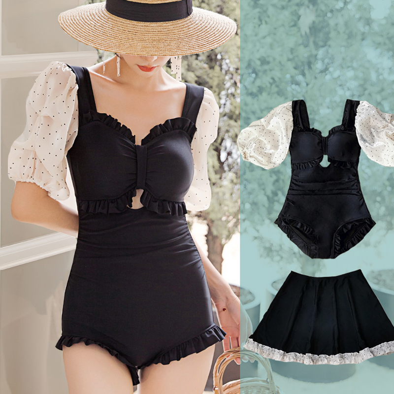 2021 new one-piece swimsuit skirt-style cover belly slim black conservative swimsuit seaside with chest pad to cover the meat summer
