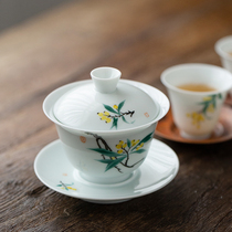 Also interesting hand-painted three talented bowls Jingdezhen Jade mud shadow green tea bowl kung fu tea bowl tea ceremony tea bowl handmade