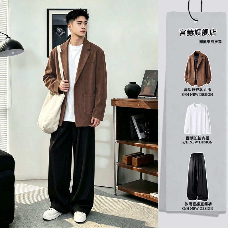 Autumn High-End Retro Corduroy Blazer for Men, Loose-Fitting with Shoulder Pads, Stylish Suit Set