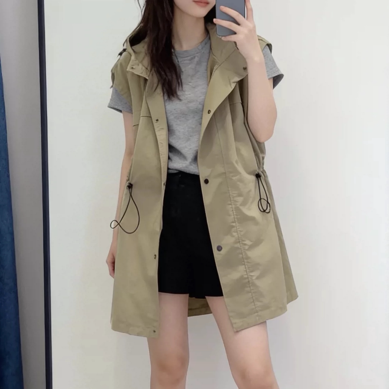 Lightweight Casual Mid-Length Hooded Sleeveless Shirt for Women, Summer Plus Size, Cool with Large Pockets, Light Workwear Style, Sun Protection Clothing