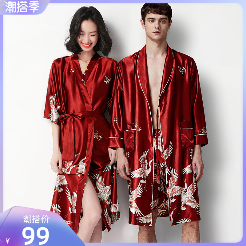 Couple sleepwear suit Ice Sexy Red Pyjamas Wedding Newlywed Silk Two Sets Spring Autumns Year Bathrobe