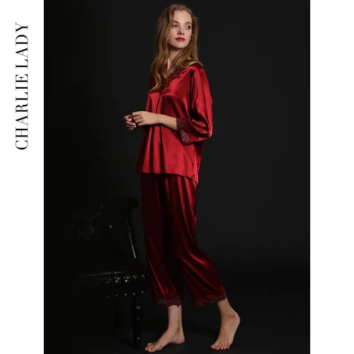 Демисезонная шелковая пижама, тонкий красный кружевной комплект, оберег на день рождения, большой размер