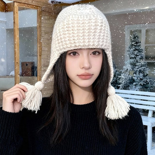 Korean-Style Braided Tassel Knitted Hat for Women, Autumn and Winter Thickened Warm Versatile Woolen Hat, Large Head Circumference Ear-Protecting Lei Feng Hat