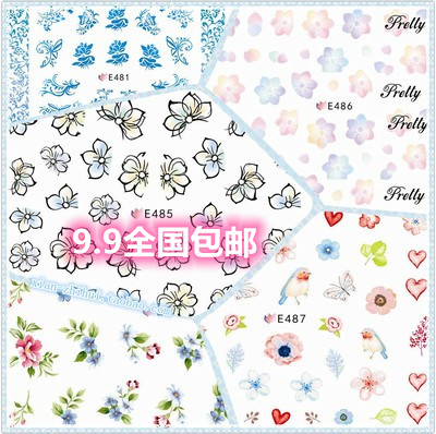 Second kill nail stickers Korea nail stickers semi-penetrated cherry blue porcelain dry flowers children back glue nail nail adhesive sticker