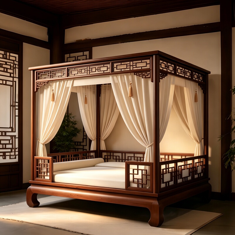 New Chinese-Style Solid Wood Traditional Old-Fashioned Classical Frame Bed, Song-Style Aesthetic Bedroom Four-Poster Double Bed with Sliding Mechanism