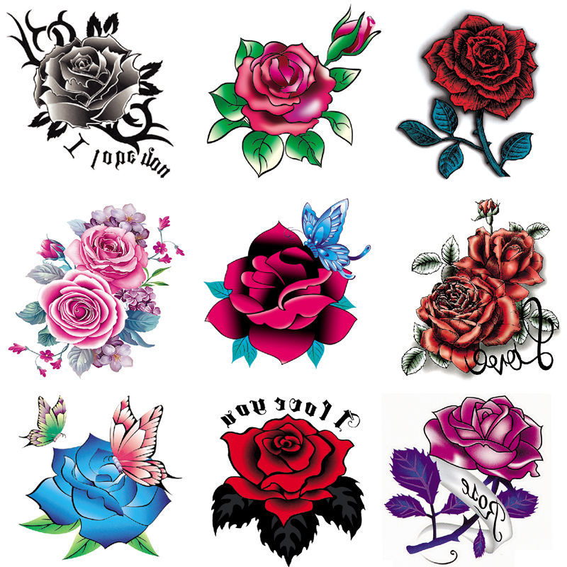 【50-Piece Set】Waterproof Tattoo Stickers for Women, Long-Lasting Colorful Rose Flower Designs for Chest, Hands, and Feet, ins Styles, Makeup, Scar Cover