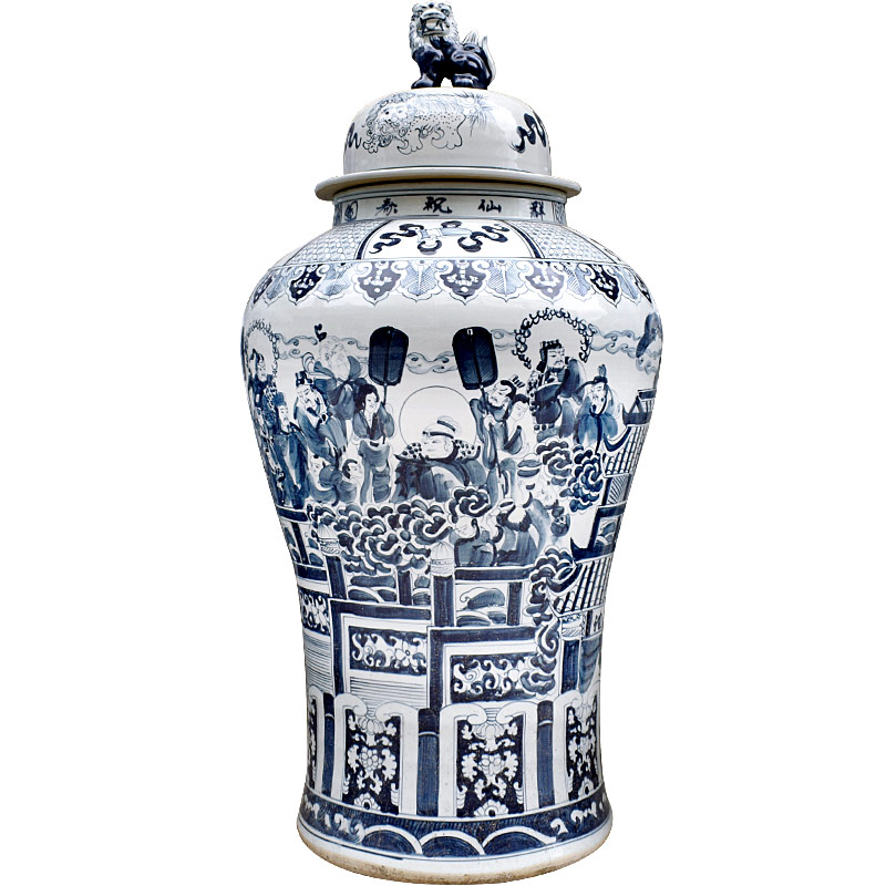 Jingdezhen ceramics general pot of blue and white hand draw dragon vase painting of flowers and archaize floor sitting room of Chinese style household furnishing articles