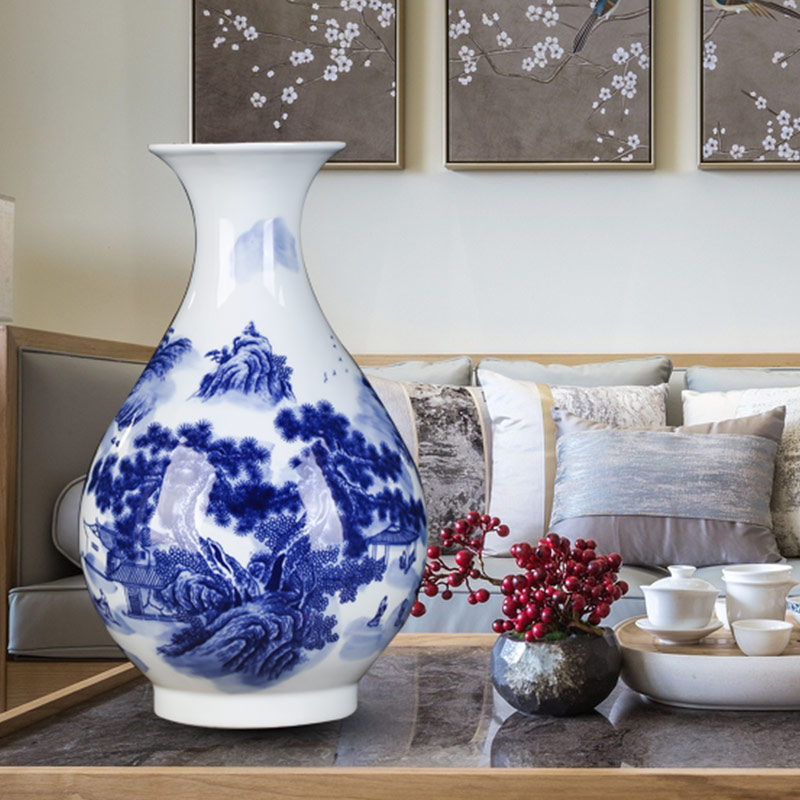 Jingdezhen ceramics antique landscape of blue and white porcelain vase large sitting room of Chinese style household decorations decoration rich ancient frame