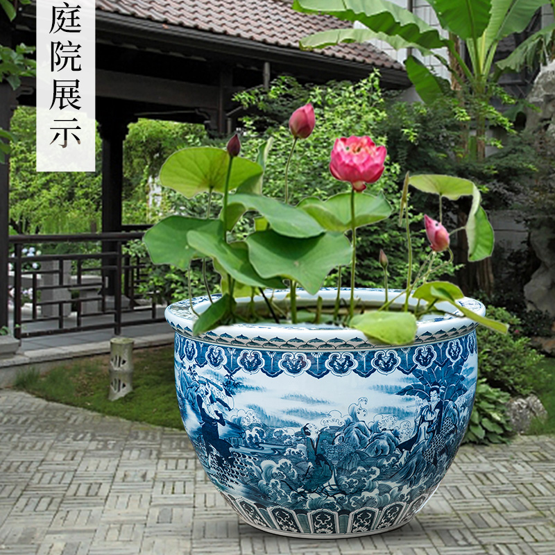 Jingdezhen ceramic aquarium tortoise brocade carp cylinder extra large ensemble cylinder blue tank yard furnishing articles
