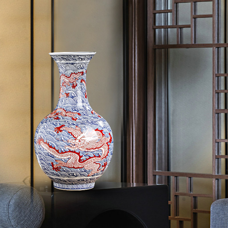 Blue and white porcelain of jingdezhen ceramics youligong red dragon grain vase furnishing articles home sitting room flower arranging handicraft ornament