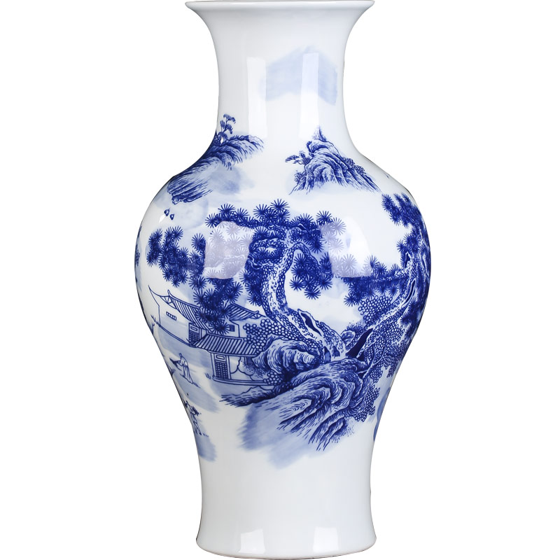 Jingdezhen ceramics antique landscape of blue and white porcelain vase large sitting room of Chinese style household decorations decoration rich ancient frame