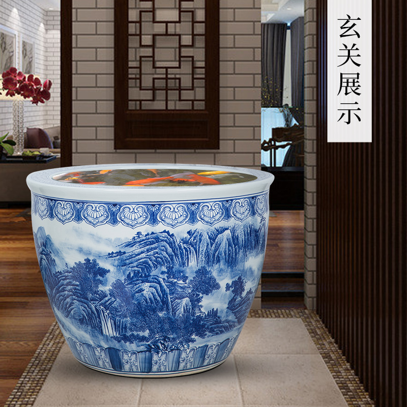 The Large blue and white porcelain of jingdezhen ceramics hand - made aquarium big flowers, potted garden decorative furnishing articles especially big fish bowl