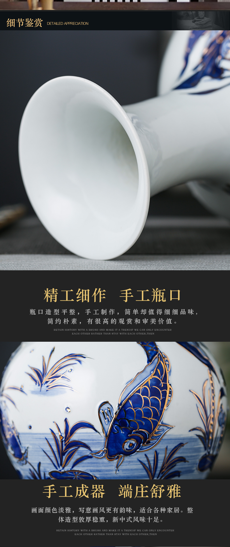 Jingdezhen chinaware paint hand - made embossed lotus of blue and white porcelain vase household adornment handicraft furnishing articles sitting room