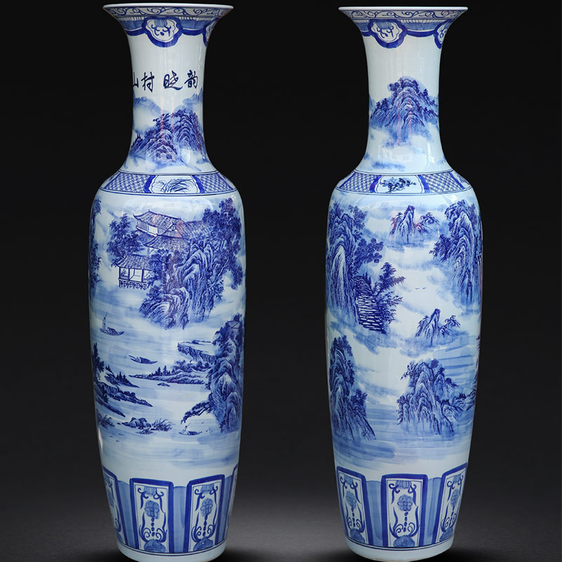 Blue and white landscape painting village jingdezhen ceramics hand - made dawn rhyme of large vases, home sitting room hotel furnishing articles