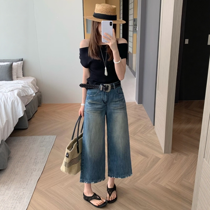 European Retro High-Waisted Cropped Wide-Leg Jeans for Women, Summer Washed and Distressed, Loose Fit, Slimming, Casual Straight-Leg Shorts