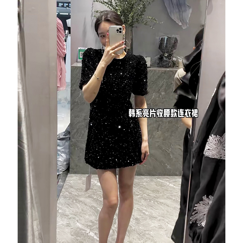 Light Luxury Chanel-Style Straight Skirt, Sequined Black Dress for Women, Summer Petite Outfit, Hepburn Little Black Dress